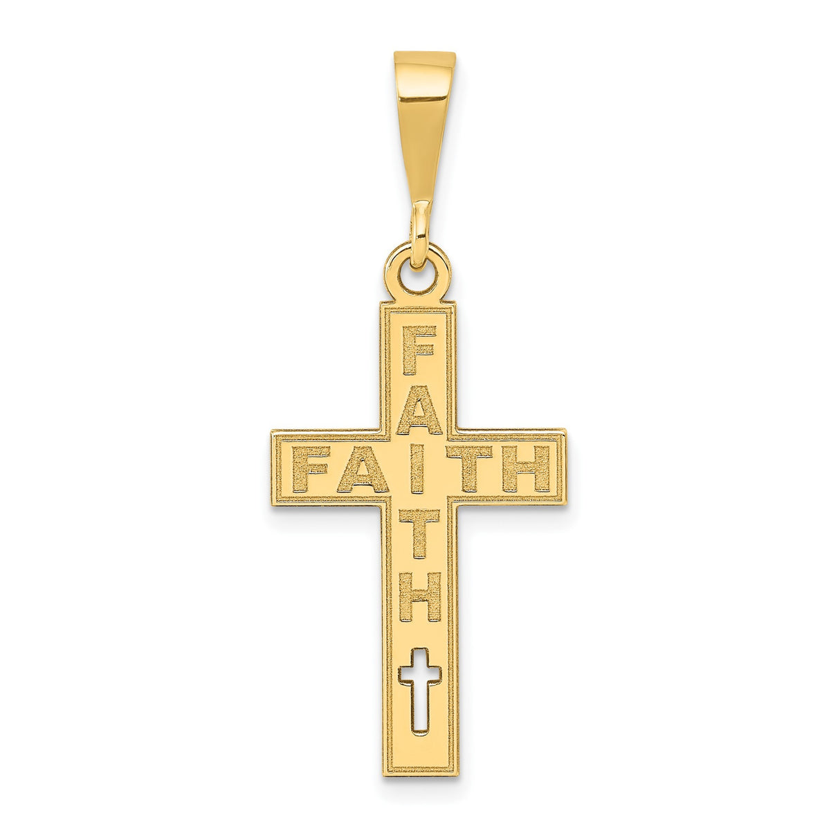 14k Yellow Gold Cross Pendant with Vertical and Horizontal Faith Text and Cutout Detail
