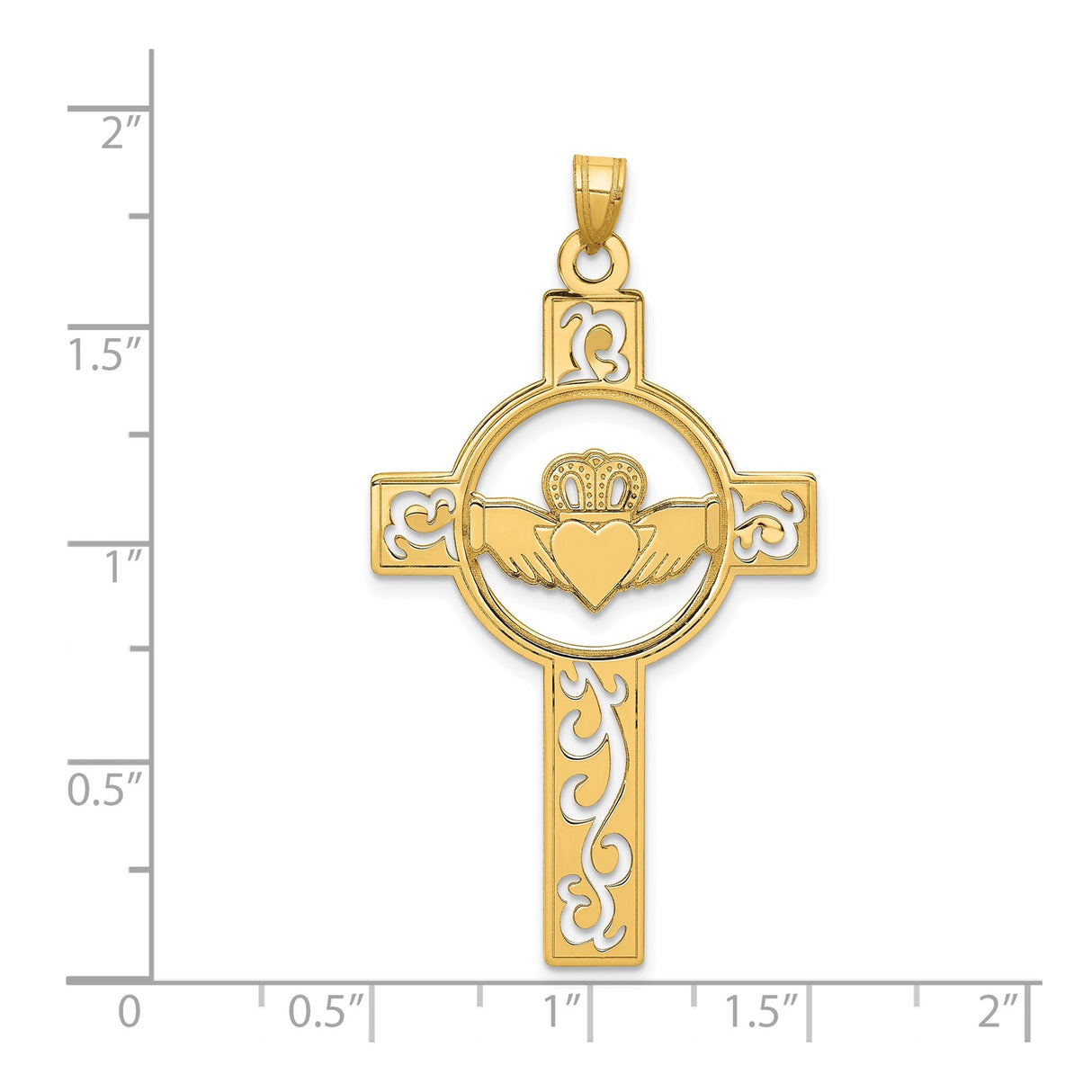14k Yellow Gold Claddagh Cross Pendant, Celtic Hands Heart Crown Symbol, Irish Christian Jewelry