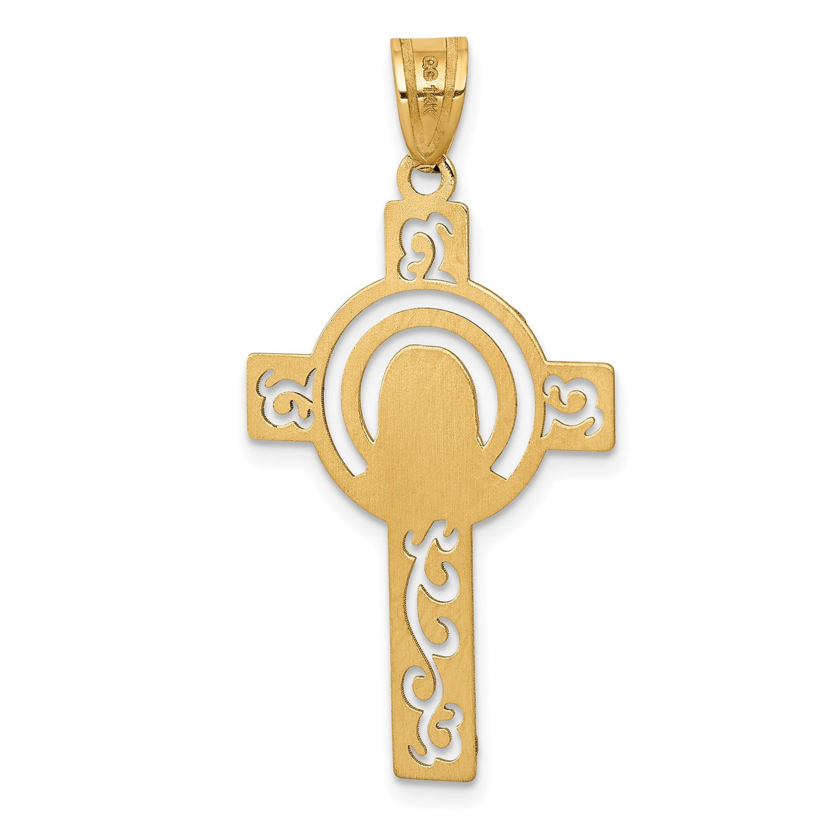 14k Yellow Gold Cross Pendant with Jesus Christ Figure and Scroll Detailing