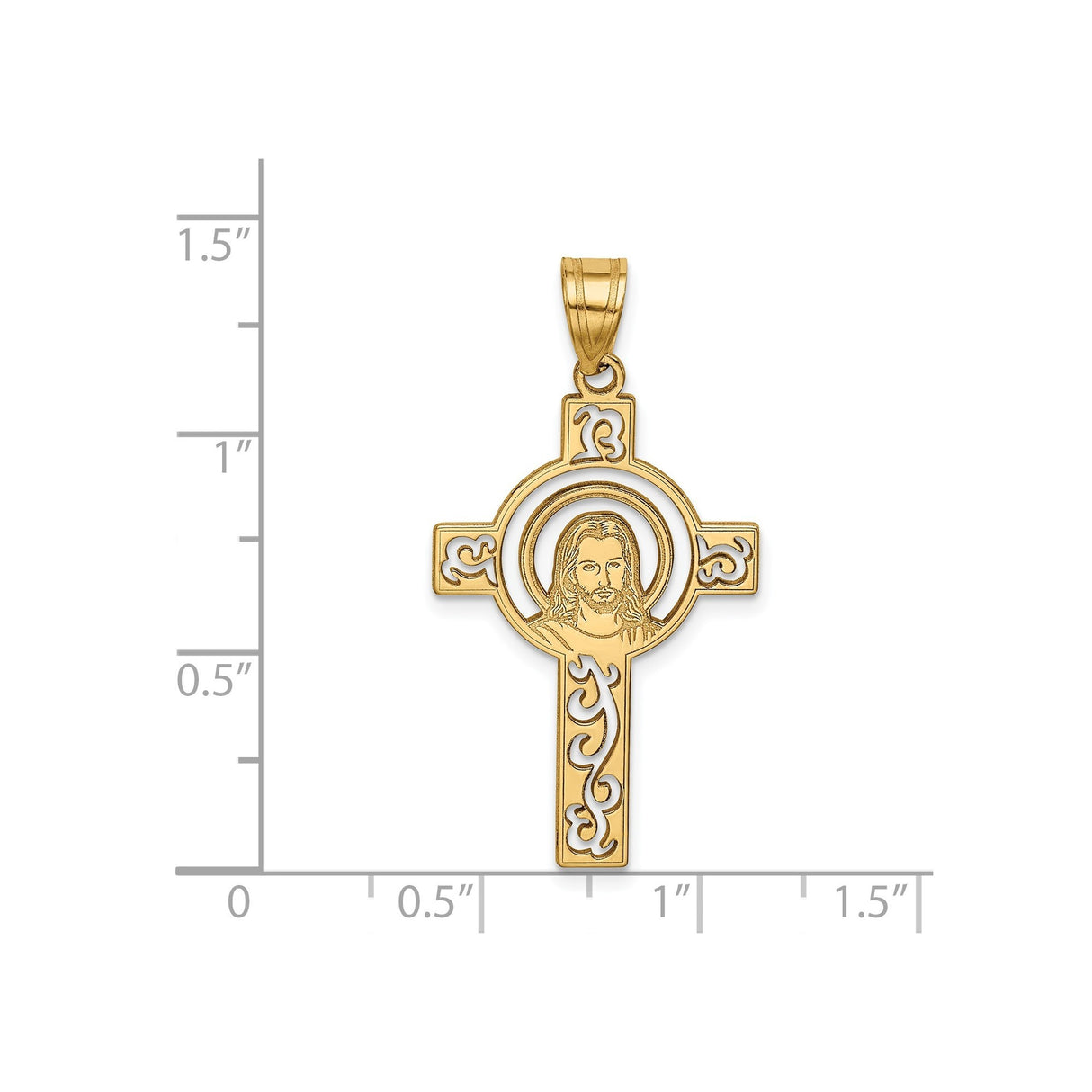 14k Yellow Gold Cross Pendant with Jesus Christ Figure and Scroll Detailing