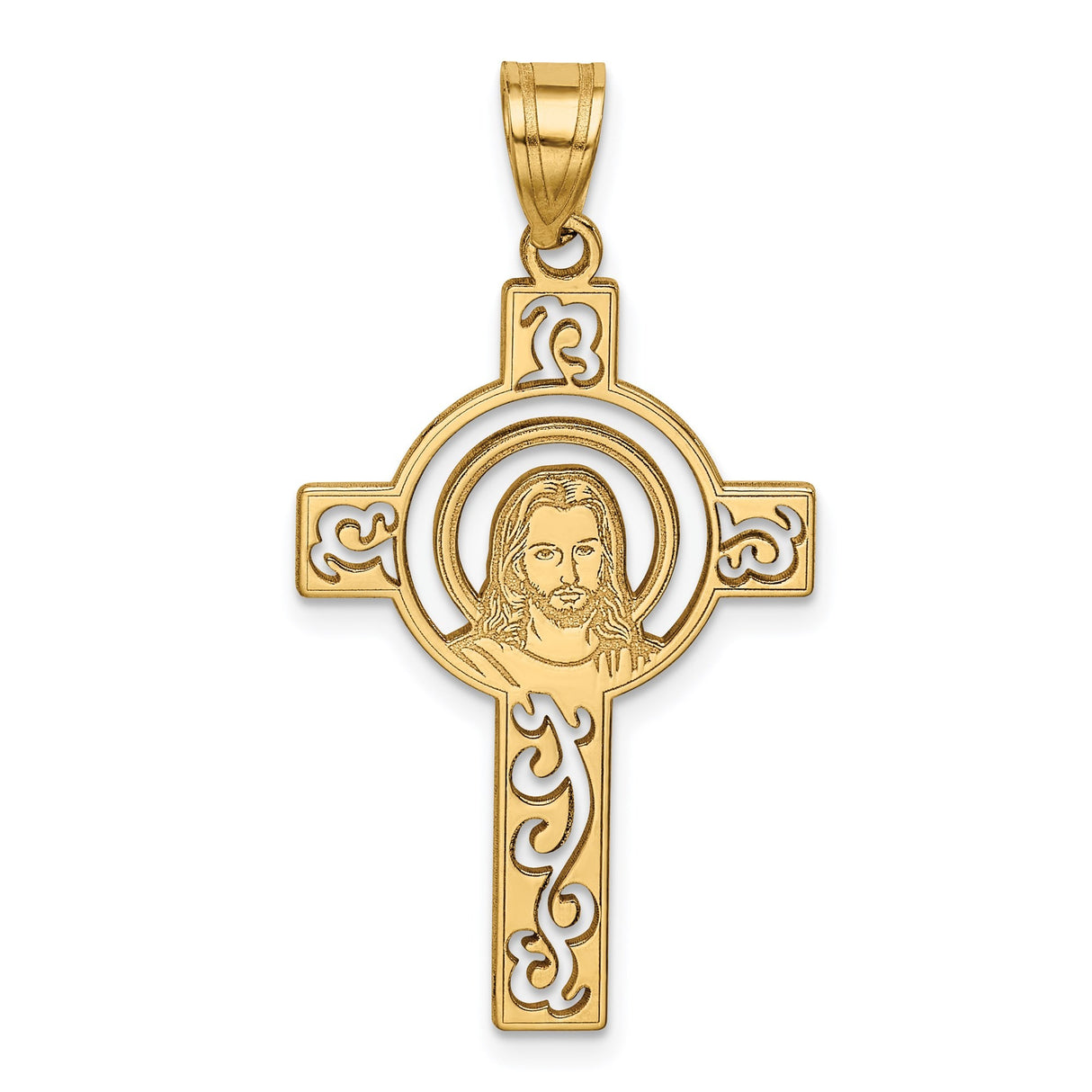 14k Yellow Gold Cross Pendant with Jesus Christ Figure and Scroll Detailing