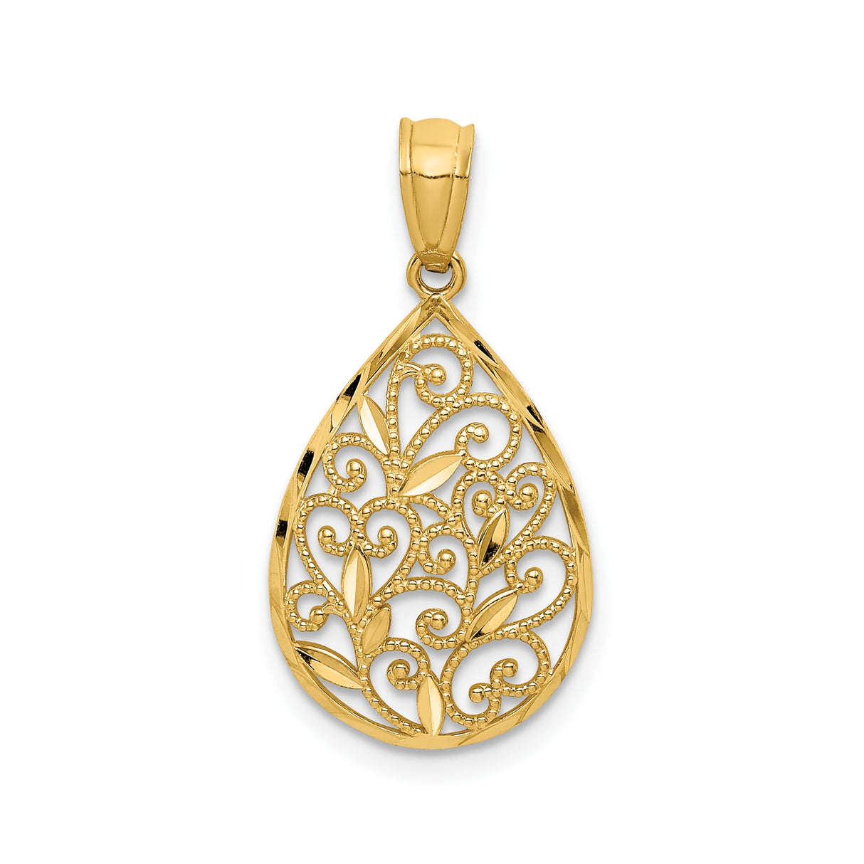 14k Yellow Gold Teardrop Pendant with Filigree Floral Design and Openwork Charm