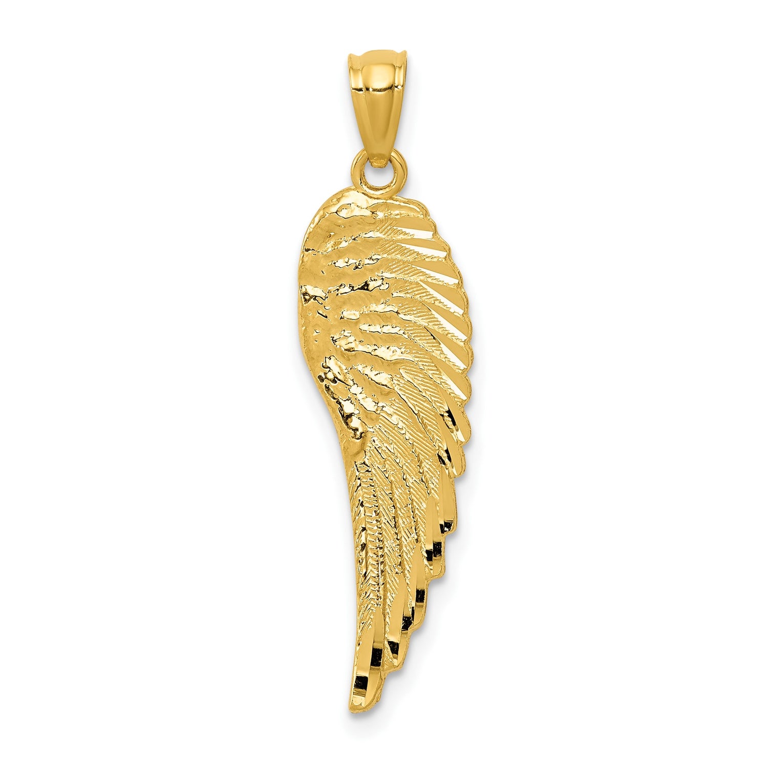 14k Yellow Gold Angel Wing Pendant with Detailed Feather Engraving, Spiritual and Religious Jewelry