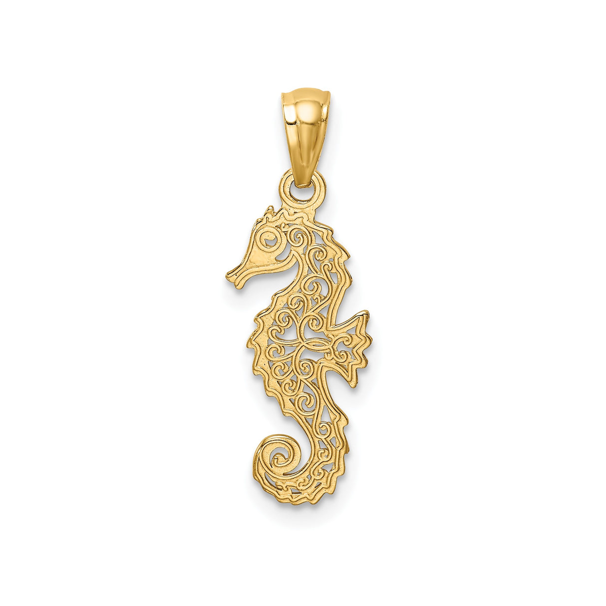 14k Yellow Gold Seahorse Pendant with Filigree Detailing, Coastal Marine Theme for Women