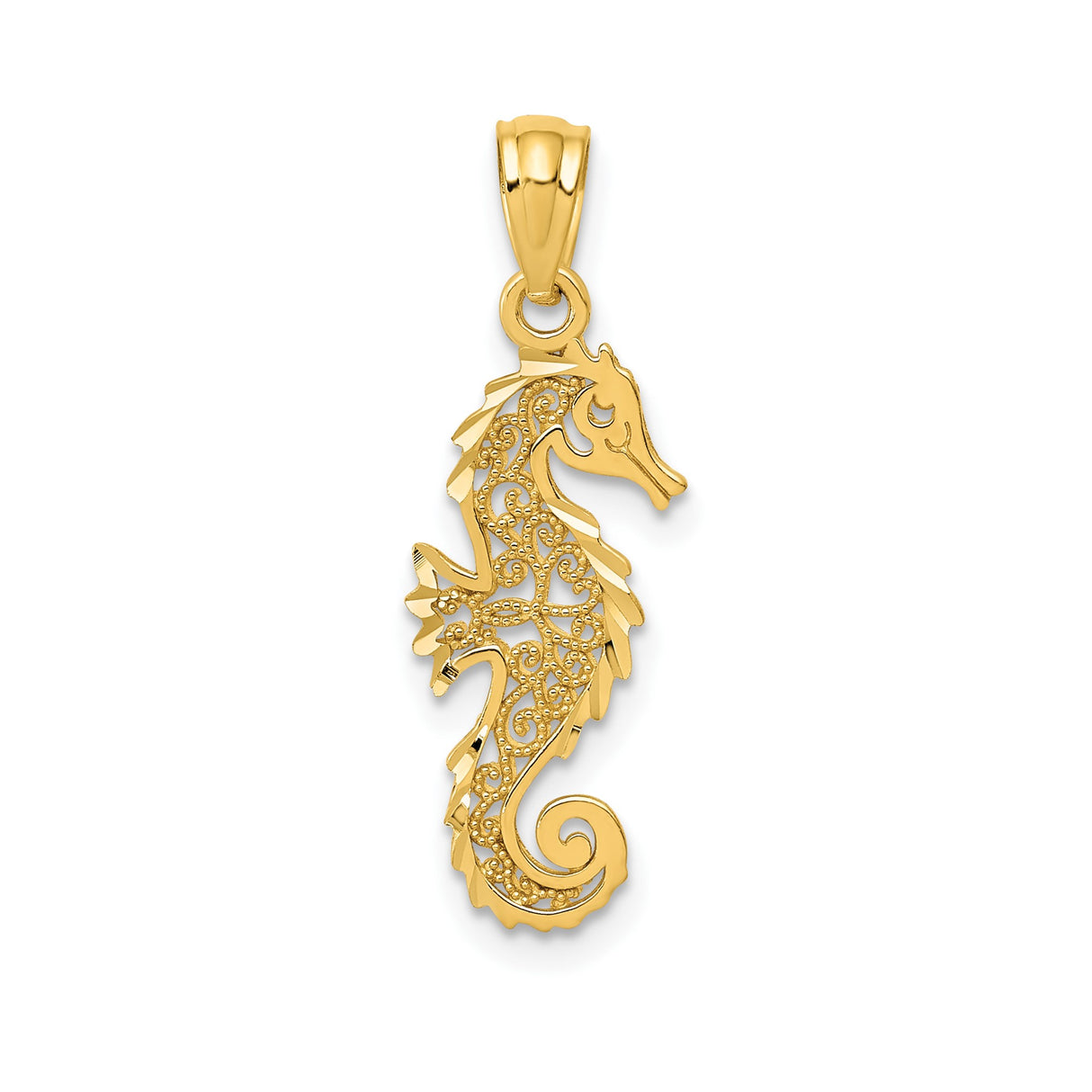 14k Yellow Gold Seahorse Pendant with Filigree Detailing, Coastal Marine Theme for Women