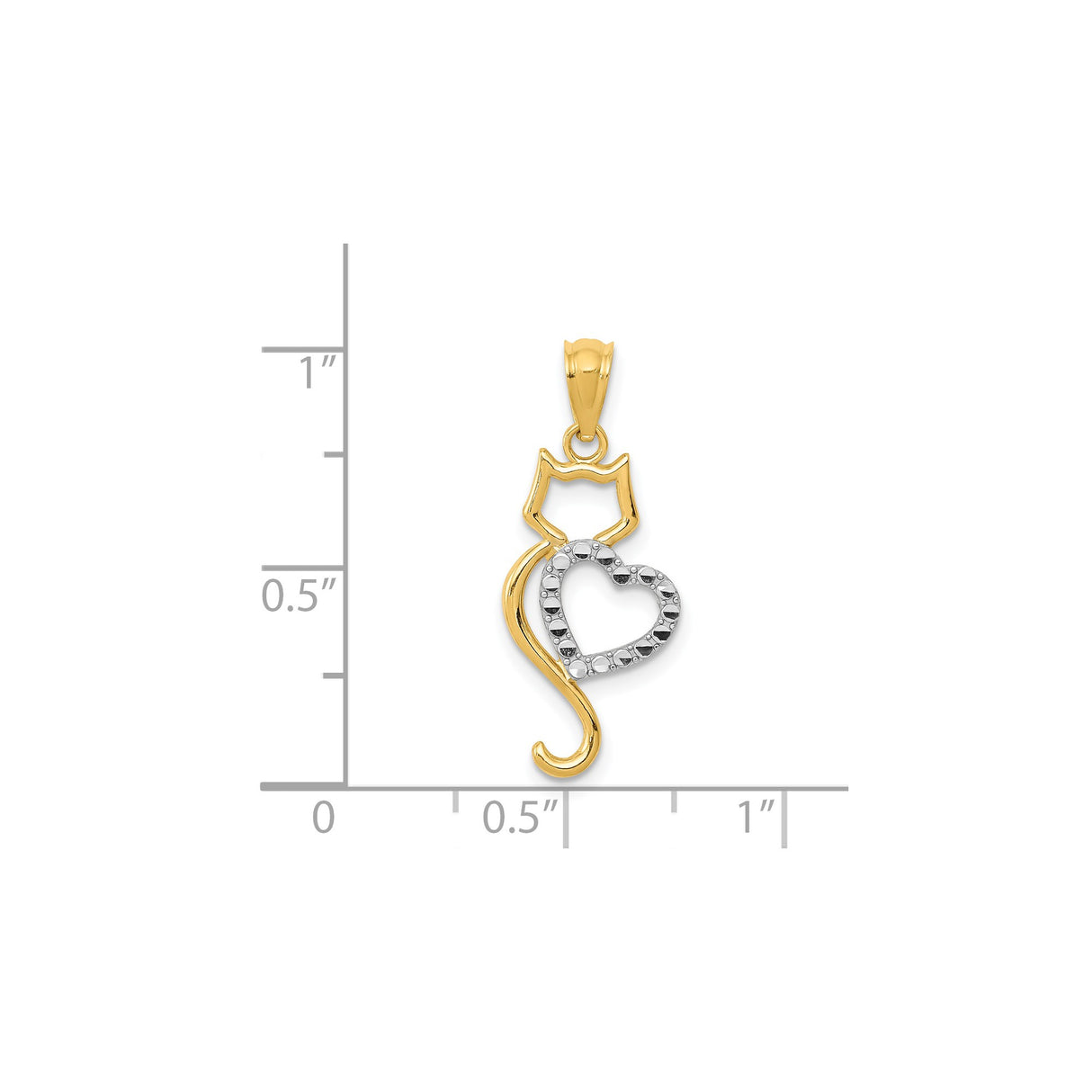 14k Multi-Tone Gold Cat Pendant with Open Heart Design, Two Tone Animal Silhouette Charm