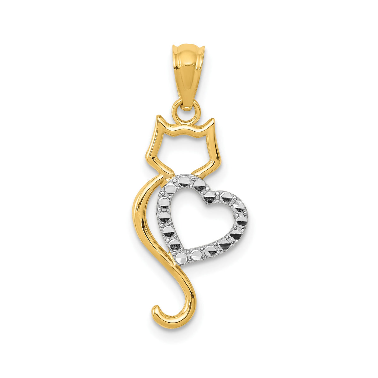 14k Multi-Tone Gold Cat Pendant with Open Heart Design, Two Tone Animal Silhouette Charm