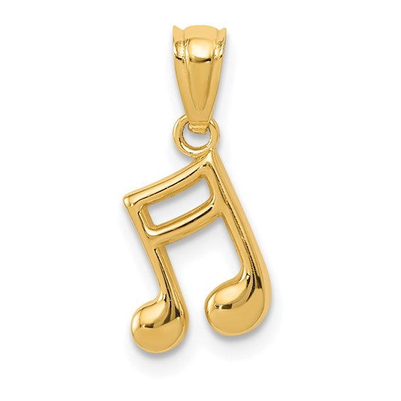 14k Yellow Gold Double Eighth Note Pendant, Polished Musical Symbol Charm for Musicians and Music Lovers