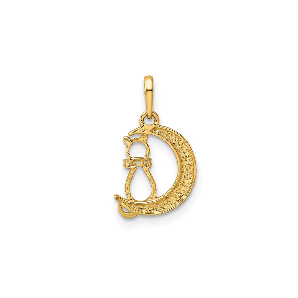 14k Yellow Gold Cat and Crescent Moon Pendant with Cubic Zirconia Collar, Celestial Design