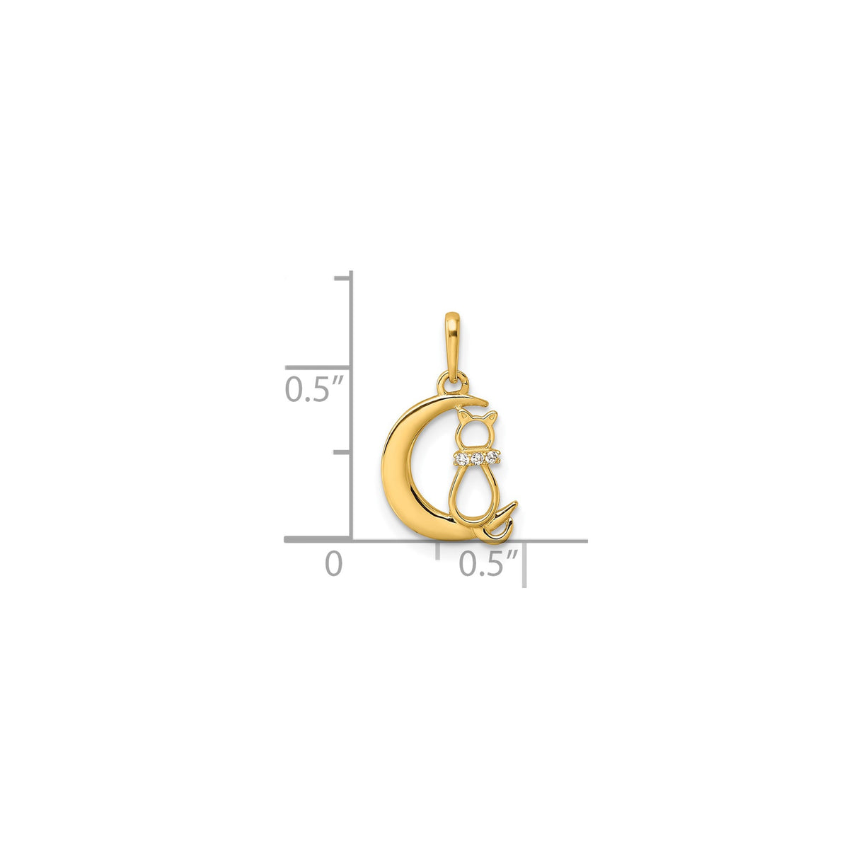 14k Yellow Gold Cat and Crescent Moon Pendant with Cubic Zirconia Collar, Celestial Design