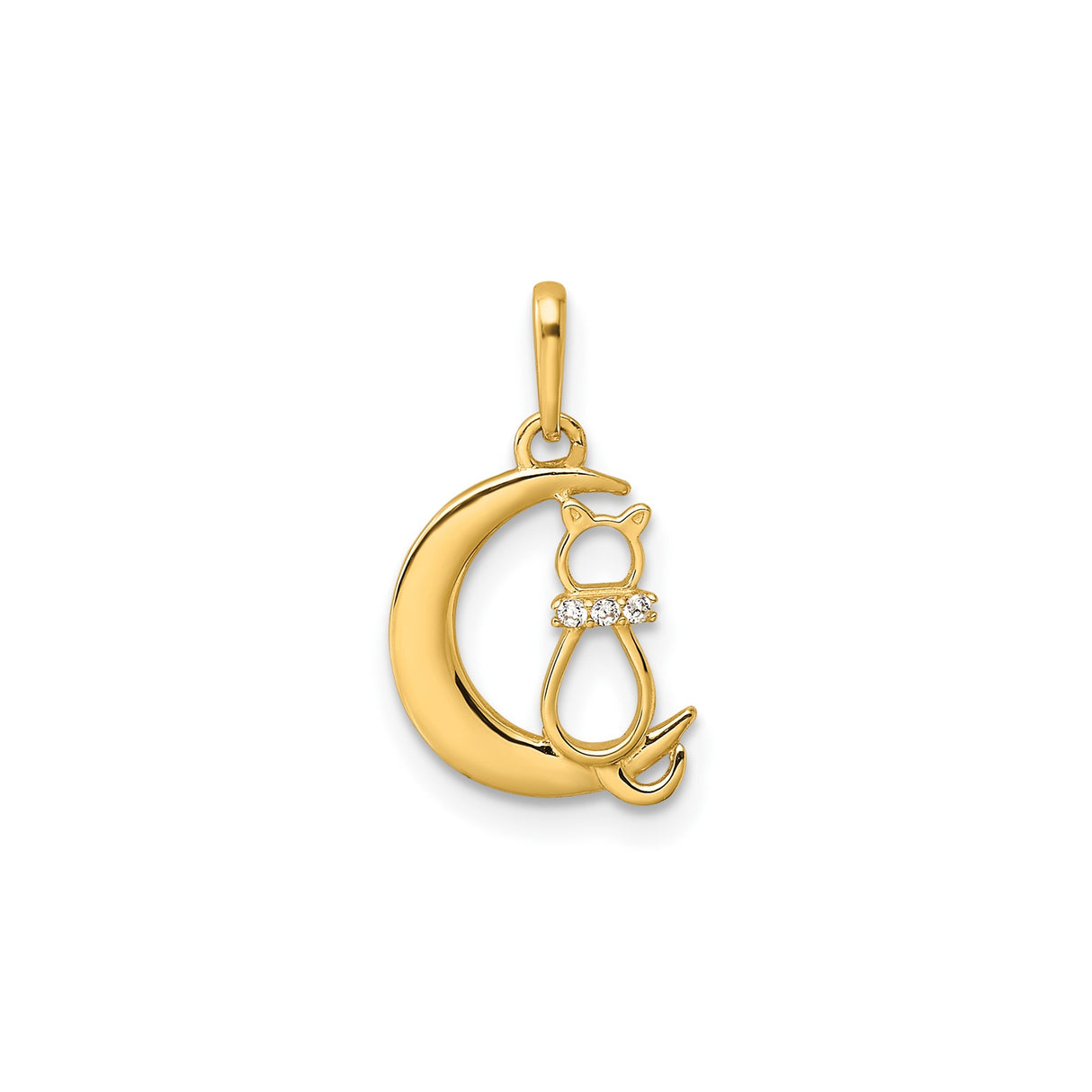 14k Yellow Gold Cat and Crescent Moon Pendant with Cubic Zirconia Collar, Celestial Design
