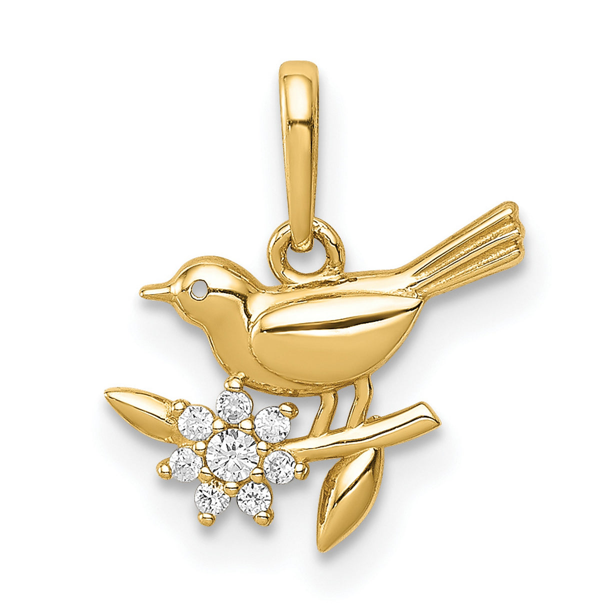 14k Yellow Gold Bird Pendant with Cubic Zirconia Flower, Nature and Peace Theme Jewelry