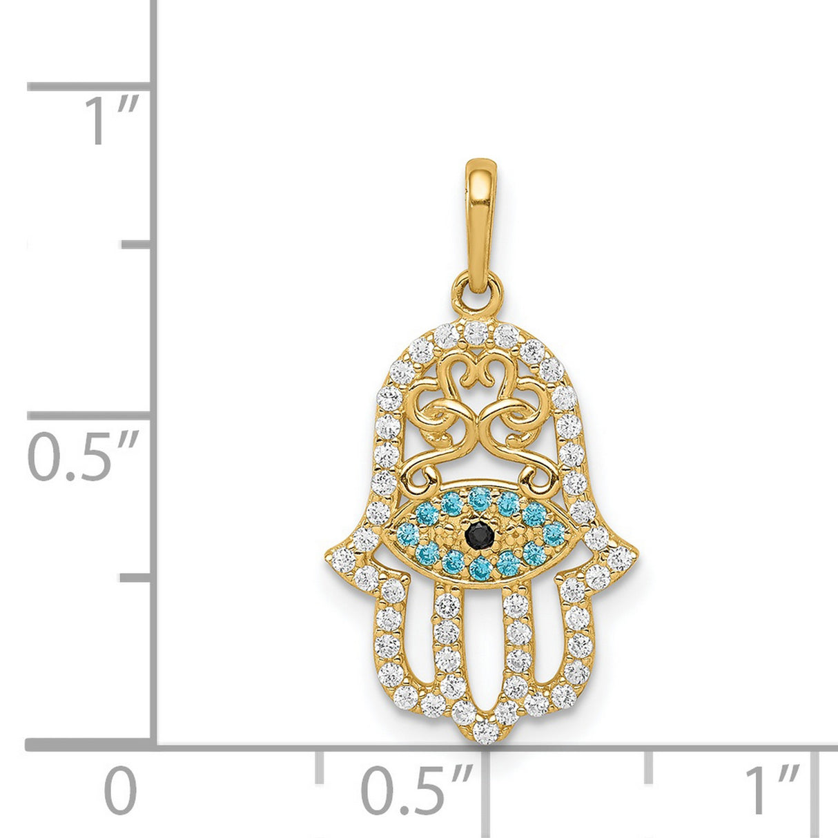 14k Yellow Gold Hamsa Hand Pendant with Cubic Zirconia, Evil Eye Spiritual Charm Jewelry