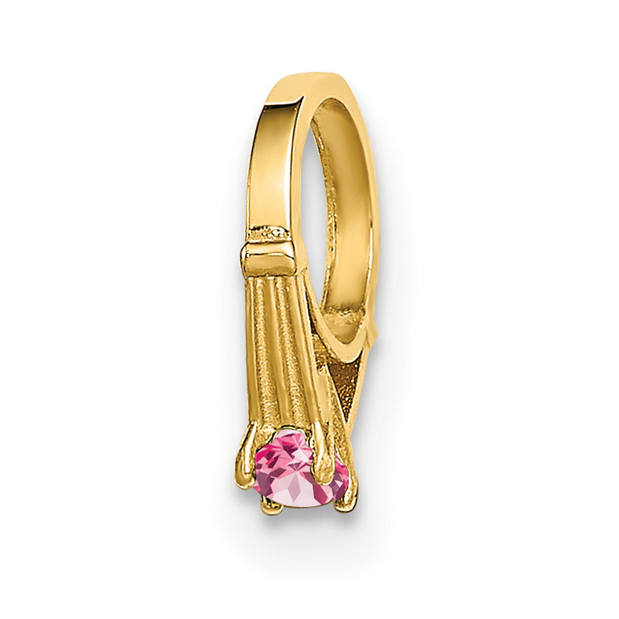14k Yellow Gold Huggie Hoop Earrings with Pink Cubic Zirconia, Claw Setting, Fluted Detail
