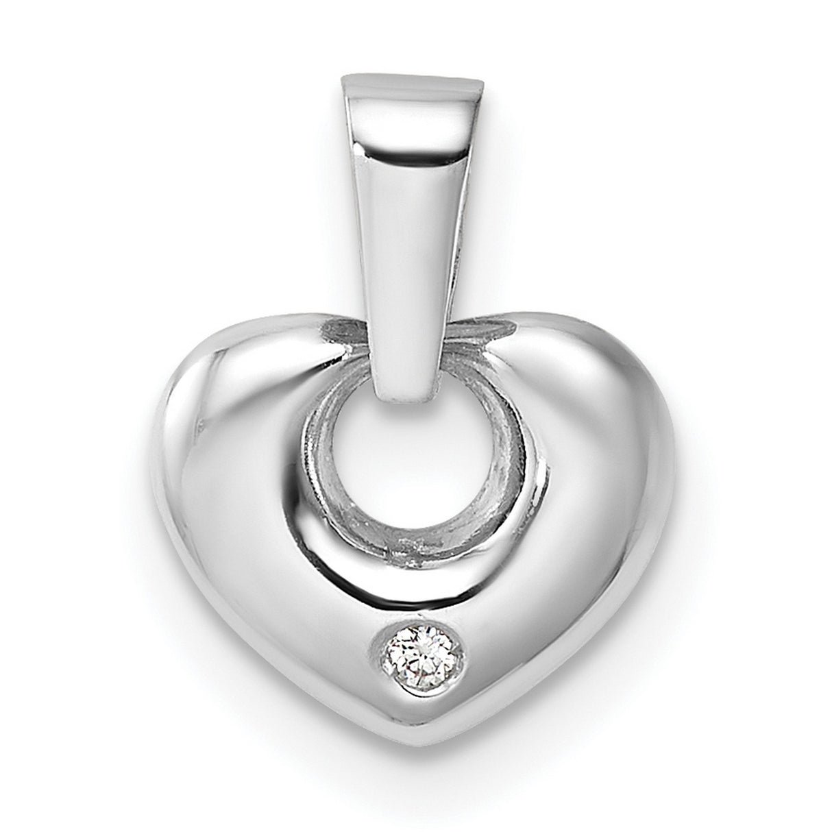 14k White Gold Heart Pendant with Cubic Zirconia, Polished Modern Style Charm for Women