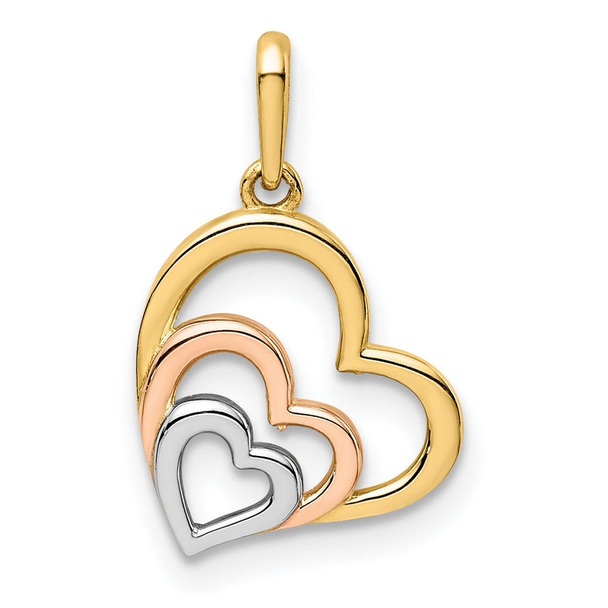 14k Tri Color Gold Pendant with Interlocking Hearts, Layered Heart Charm for Women