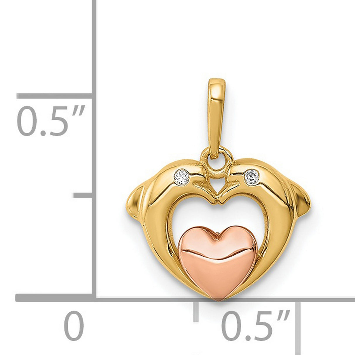 14k Two-Tone Gold Dolphin Heart Pendant with Cubic Zirconia, Romantic Ocean-Inspired Jewelry