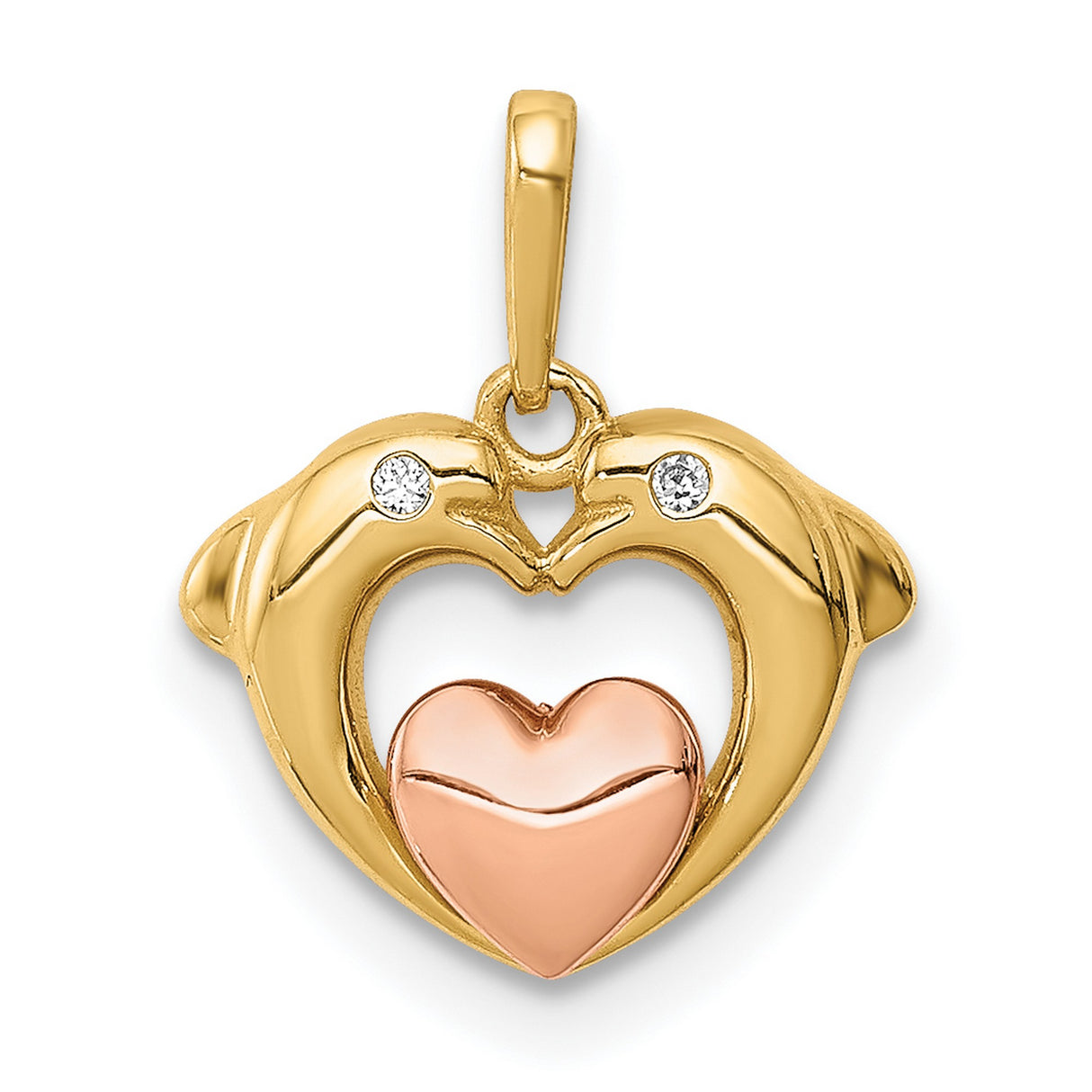 14k Two-Tone Gold Dolphin Heart Pendant with Cubic Zirconia, Romantic Ocean-Inspired Jewelry