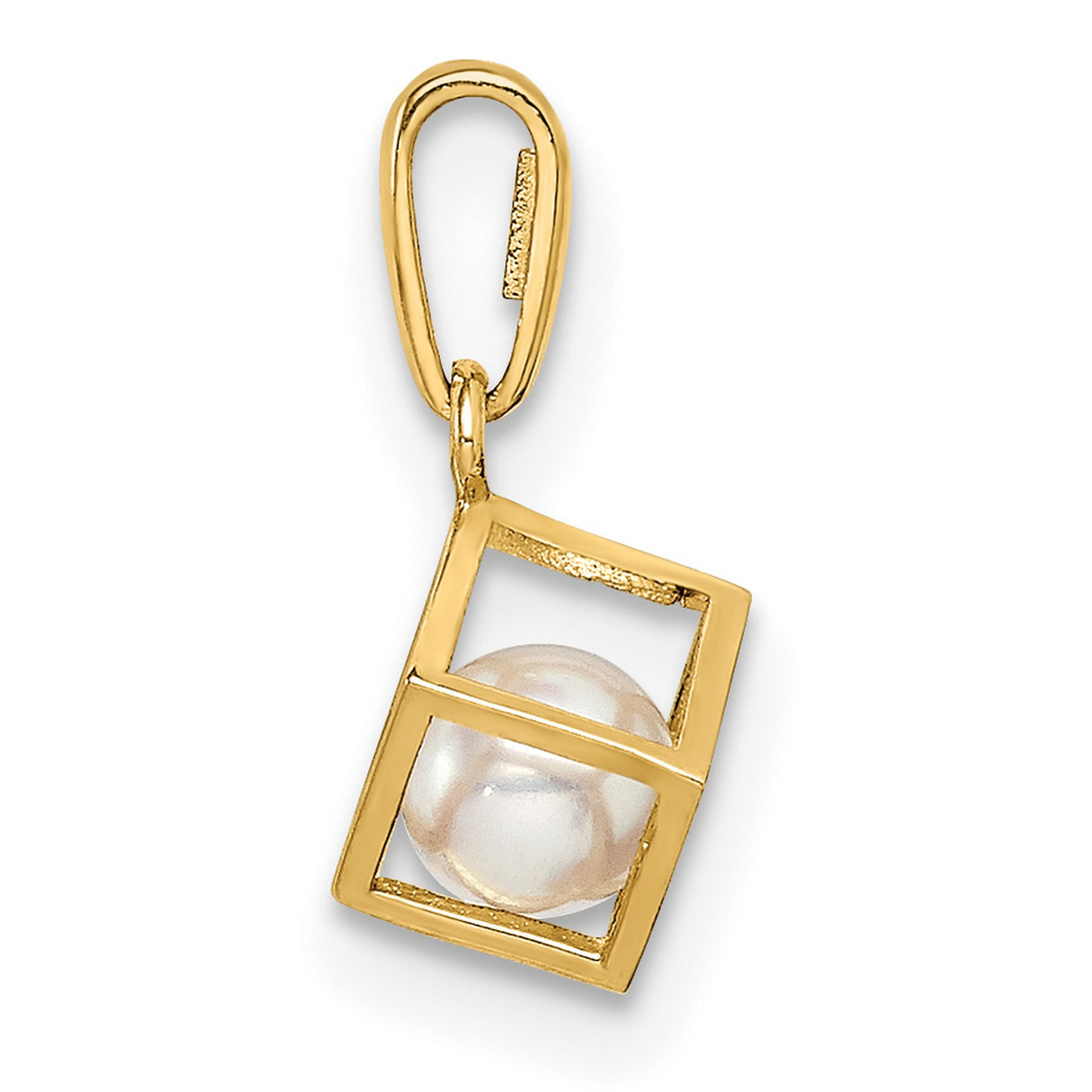 14k Yellow Gold Pendant with White Pearl, Open Cube Design, Minimalist Geometric Style