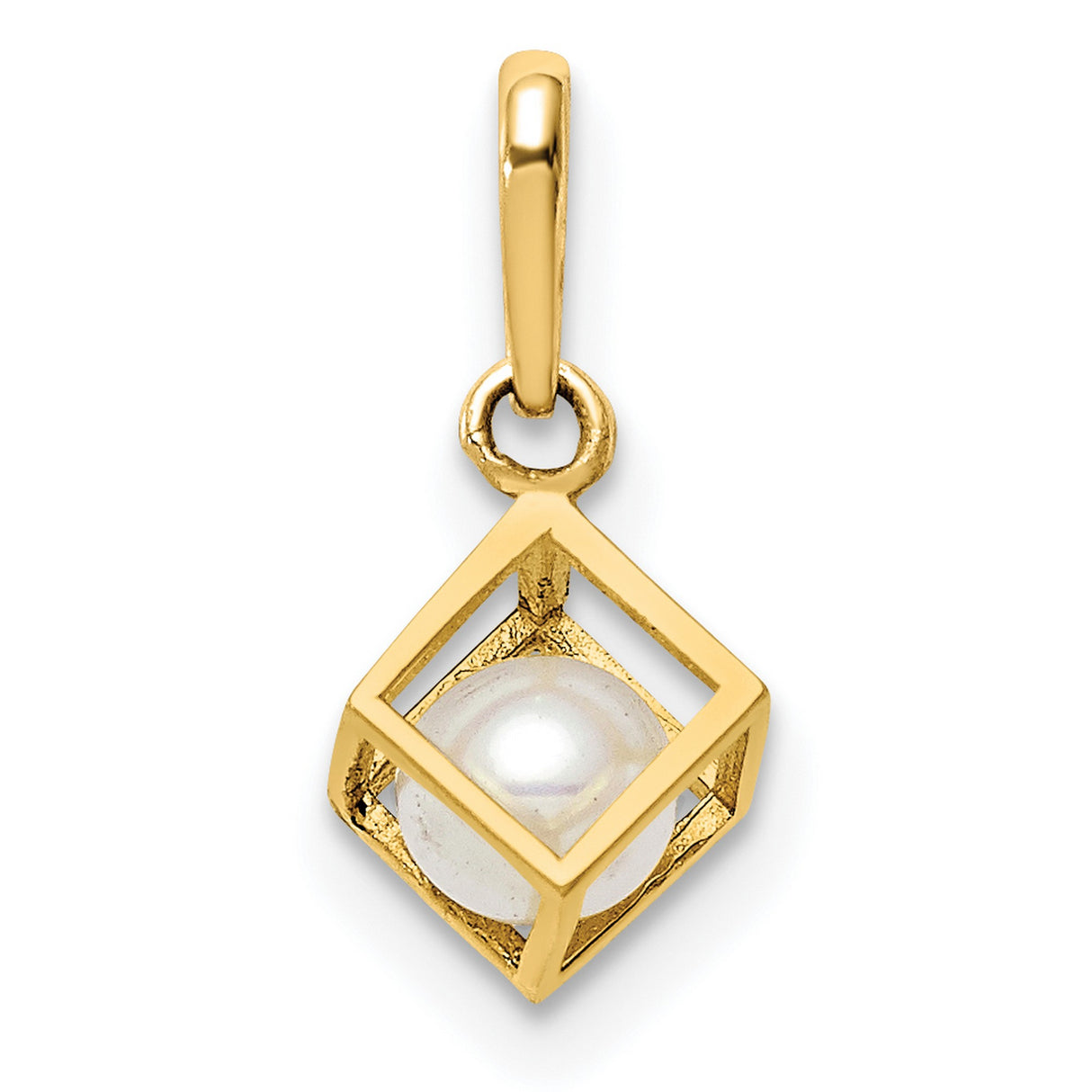 14k Yellow Gold Pendant with White Pearl, Open Cube Design, Minimalist Geometric Style