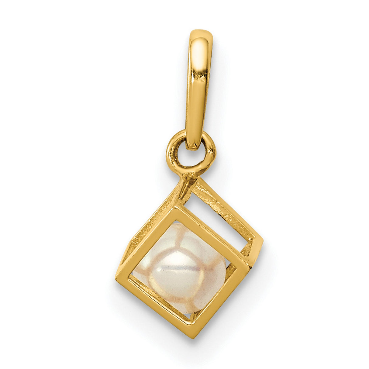 14k Yellow Gold Pendant with White Pearl, Open Cube Design, Minimalist Geometric Style