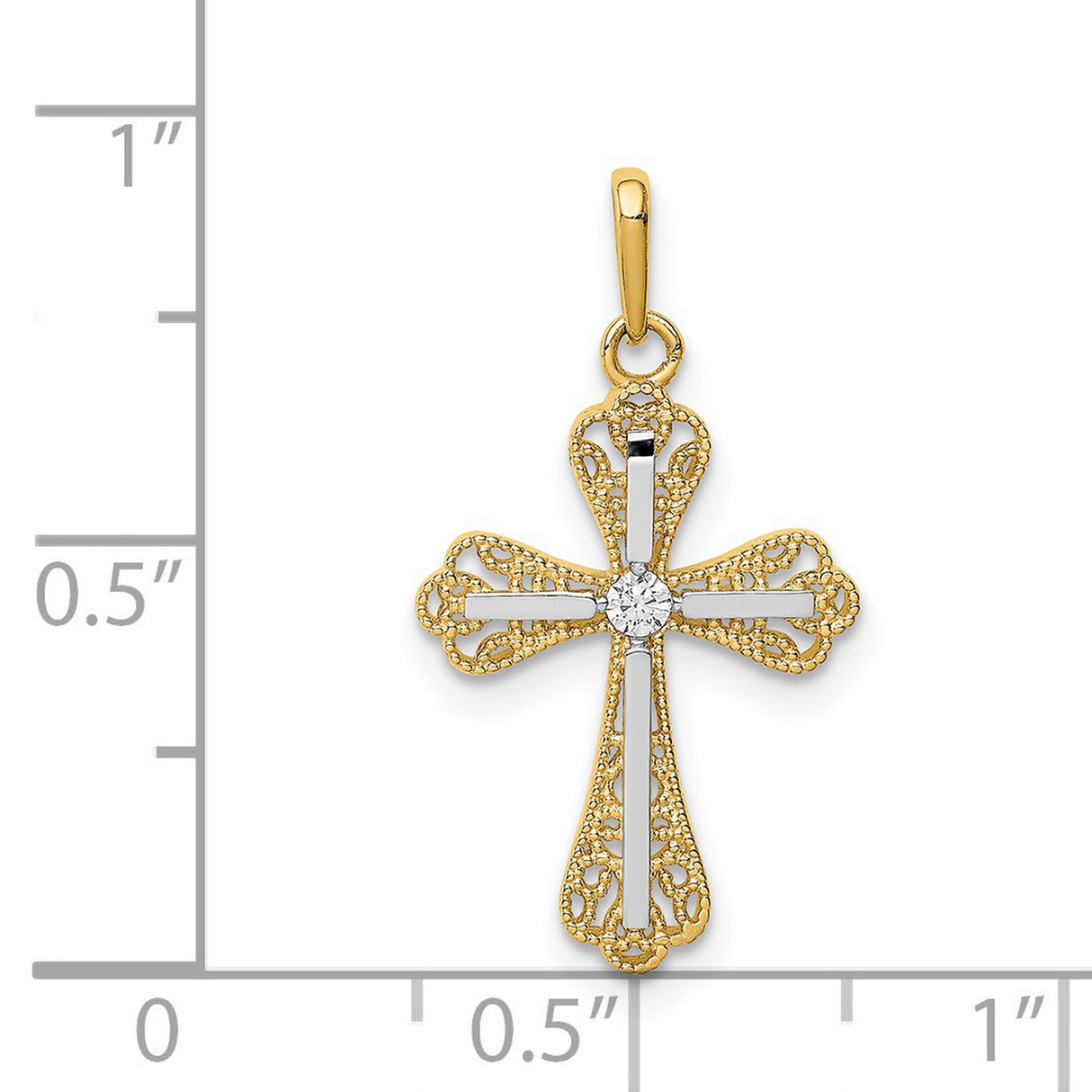 14k Multi-Tone Gold Cross Pendant with Cubic Zirconia, Filigree Design, Christian Jewelry for Women
