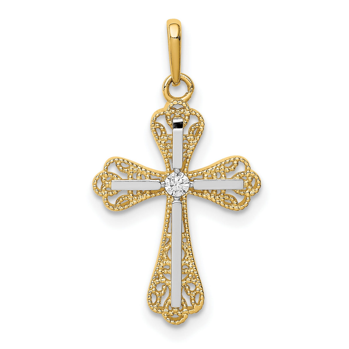 14k Multi-Tone Gold Cross Pendant with Cubic Zirconia, Filigree Design, Christian Jewelry for Women