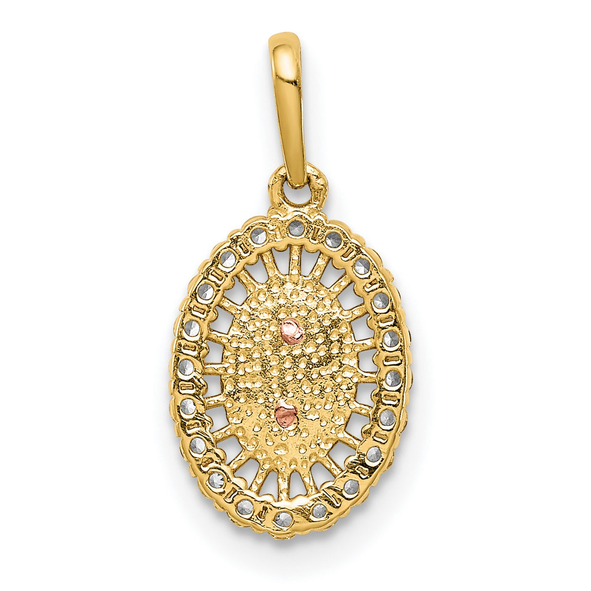 14k Two-Tone Gold Virgin Mary Pendant with Cubic Zirconia Halo, Oval Catholic Medal