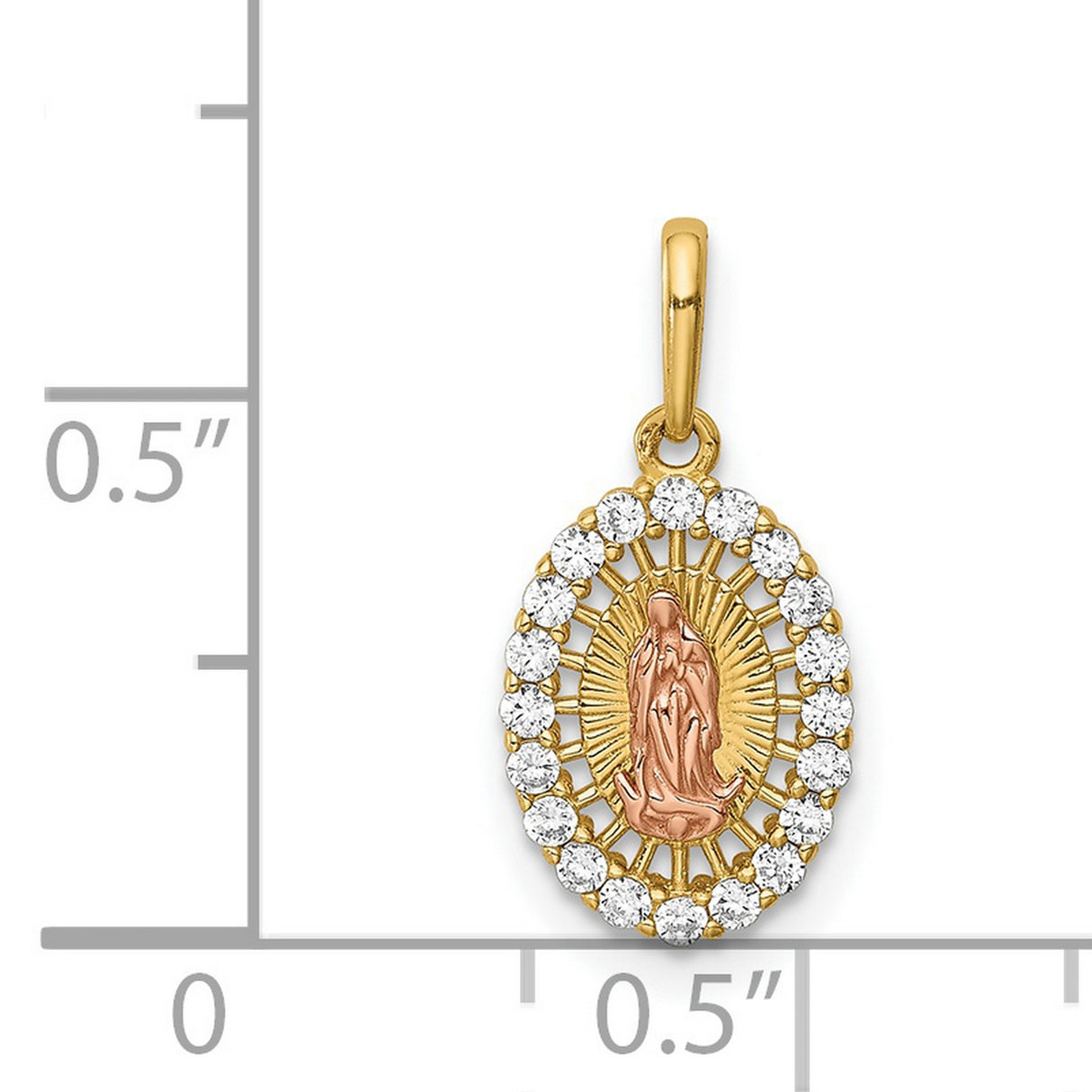 14k Two-Tone Gold Virgin Mary Pendant with Cubic Zirconia Halo, Oval Catholic Medal