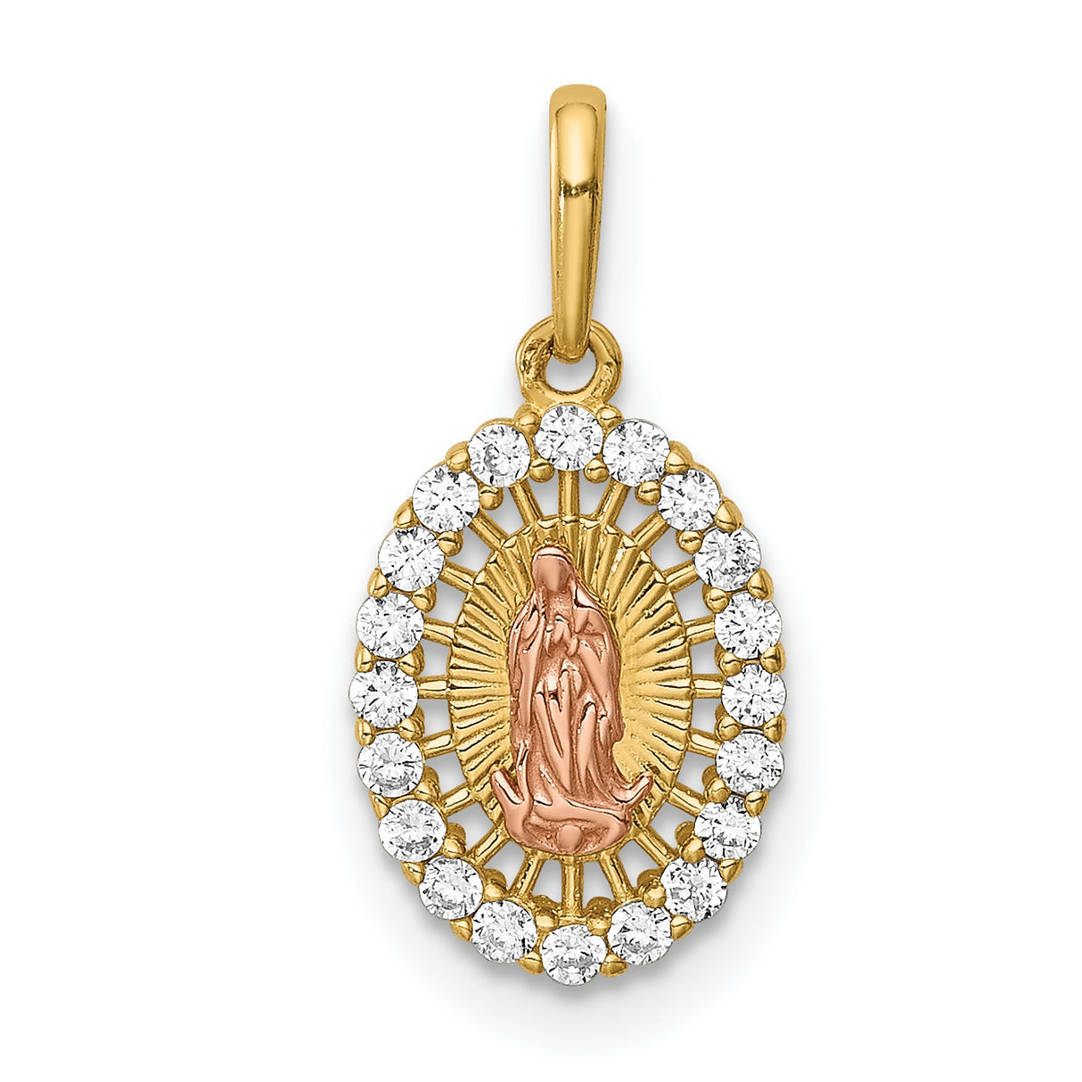 14k Two-Tone Gold Virgin Mary Pendant with Cubic Zirconia Halo, Oval Catholic Medal