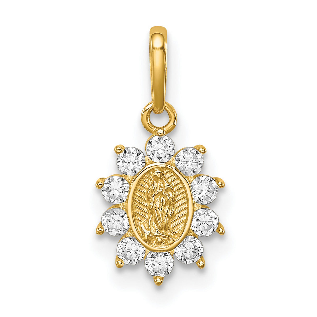 14k Yellow Gold Virgin Mary Pendant with Cubic Zirconia, Our Lady of Guadalupe Religious Medal