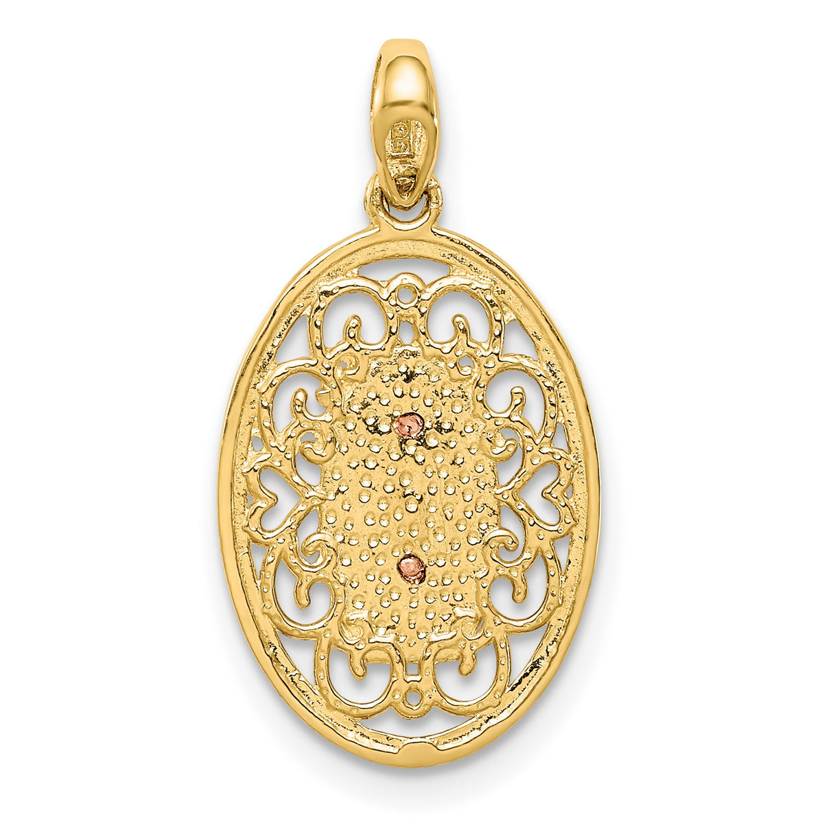 14k Two-Tone Gold Virgin Mary Pendant with Cubic Zirconia and Filigree Oval Design