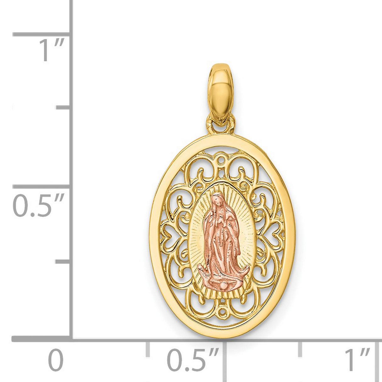 14k Two-Tone Gold Virgin Mary Pendant with Cubic Zirconia and Filigree Oval Design