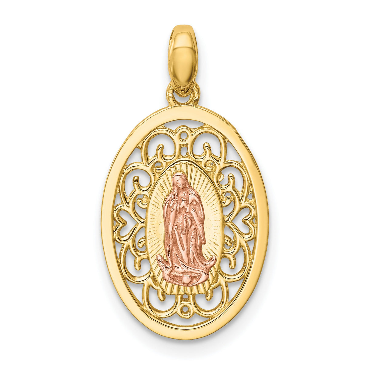 14k Two-Tone Gold Virgin Mary Pendant with Cubic Zirconia and Filigree Oval Design