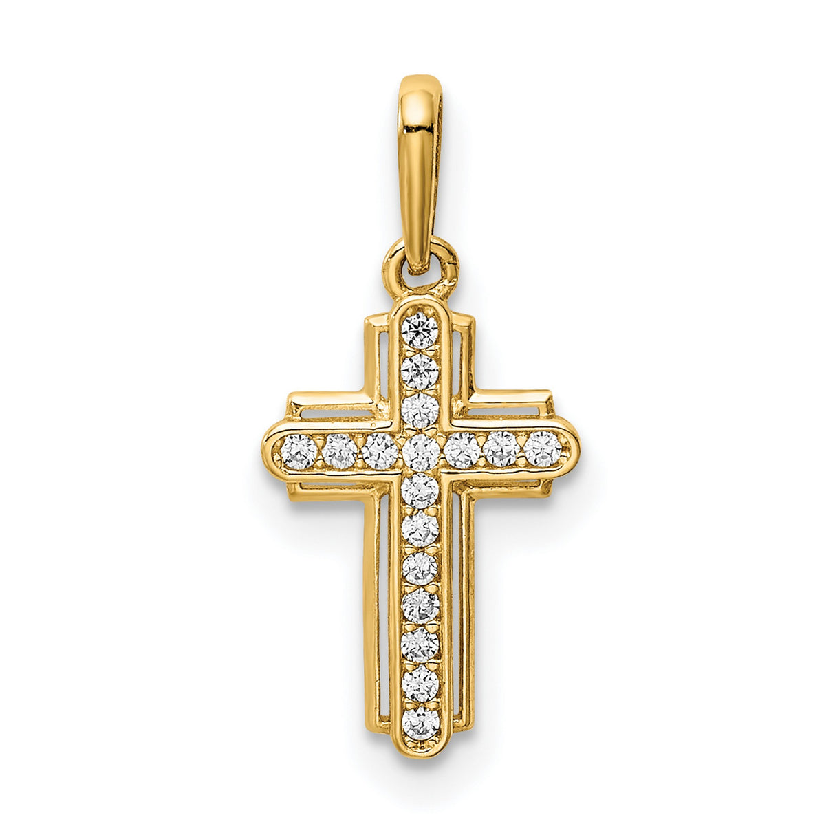 14k Yellow Gold Cross Pendant with Cubic Zirconia, Double Layered Christian Charm for Women