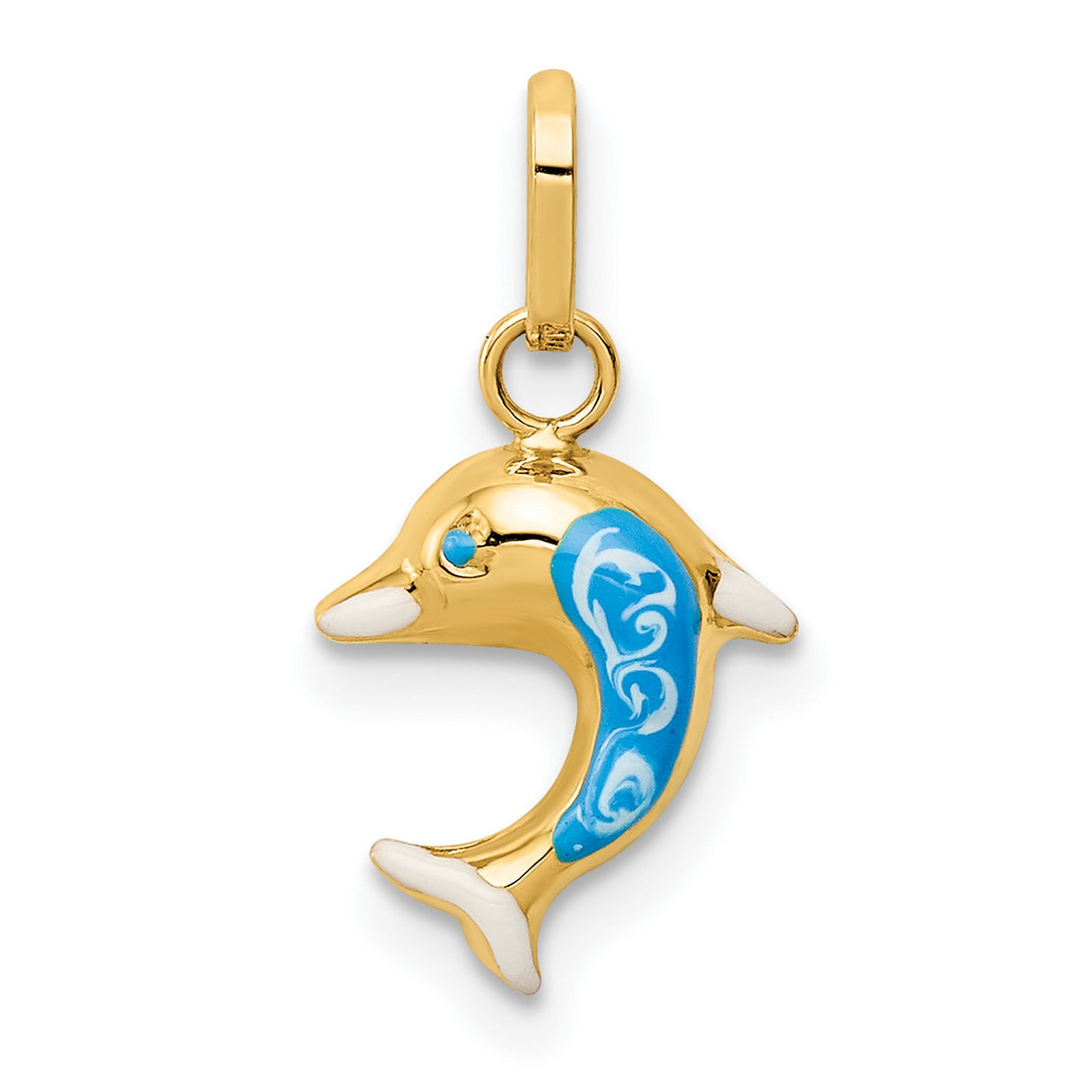 14k Yellow Gold Dolphin Pendant with Blue and White Enamel, Nautical Ocean Theme Charm