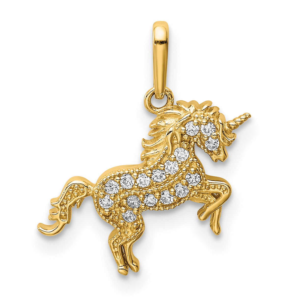 14k Yellow Gold Unicorn Pendant with Cubic Zirconia, Prancing Mythical Design for Women