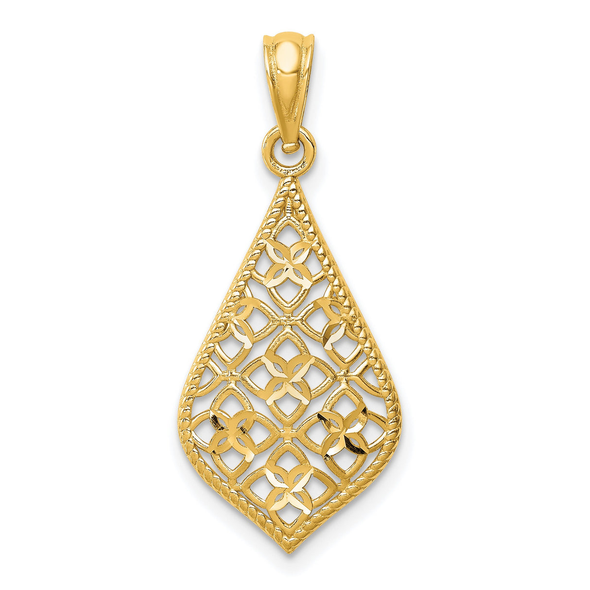 14k Yellow Gold Teardrop Pendant with Floral Lattice Filigree Design