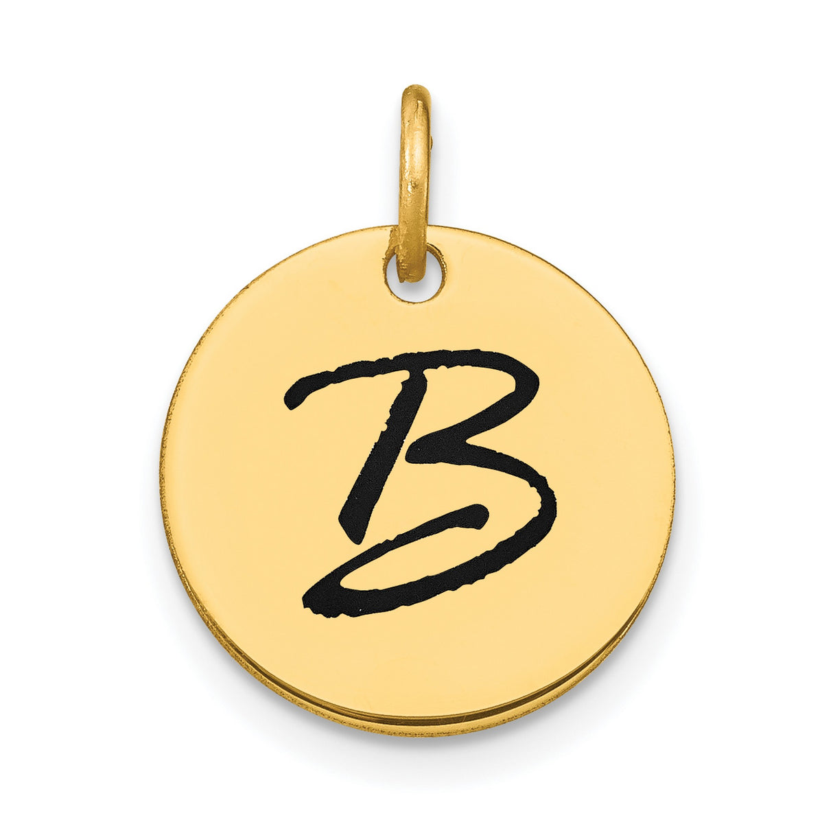 14k Yellow Gold Initial Pendant, Round Script Letter B Charm, Unisex Alphabet Disk