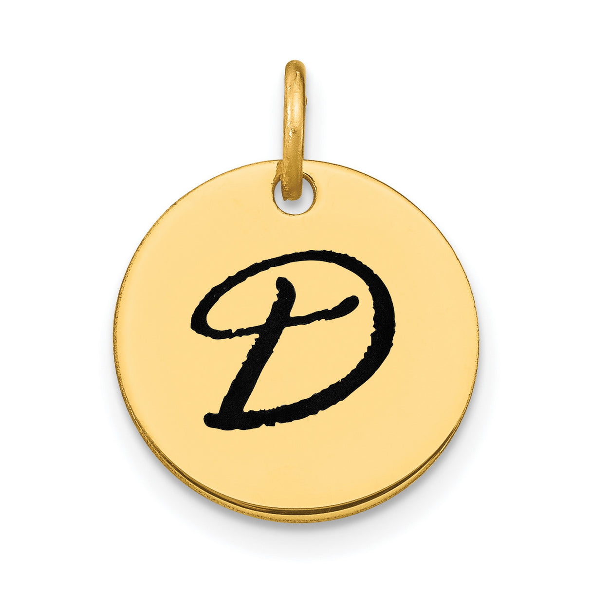 14k Yellow Gold Round Pendant with Black Script Letter P, Unisex Initial Charm