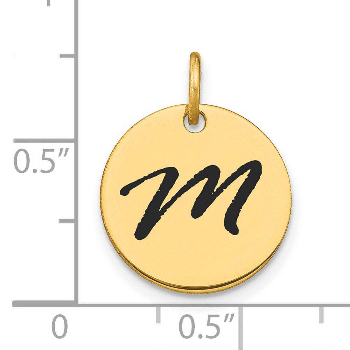 14k Yellow Gold Initial Pendant with Letter M, Round Disc Monogram Charm in Modern Script