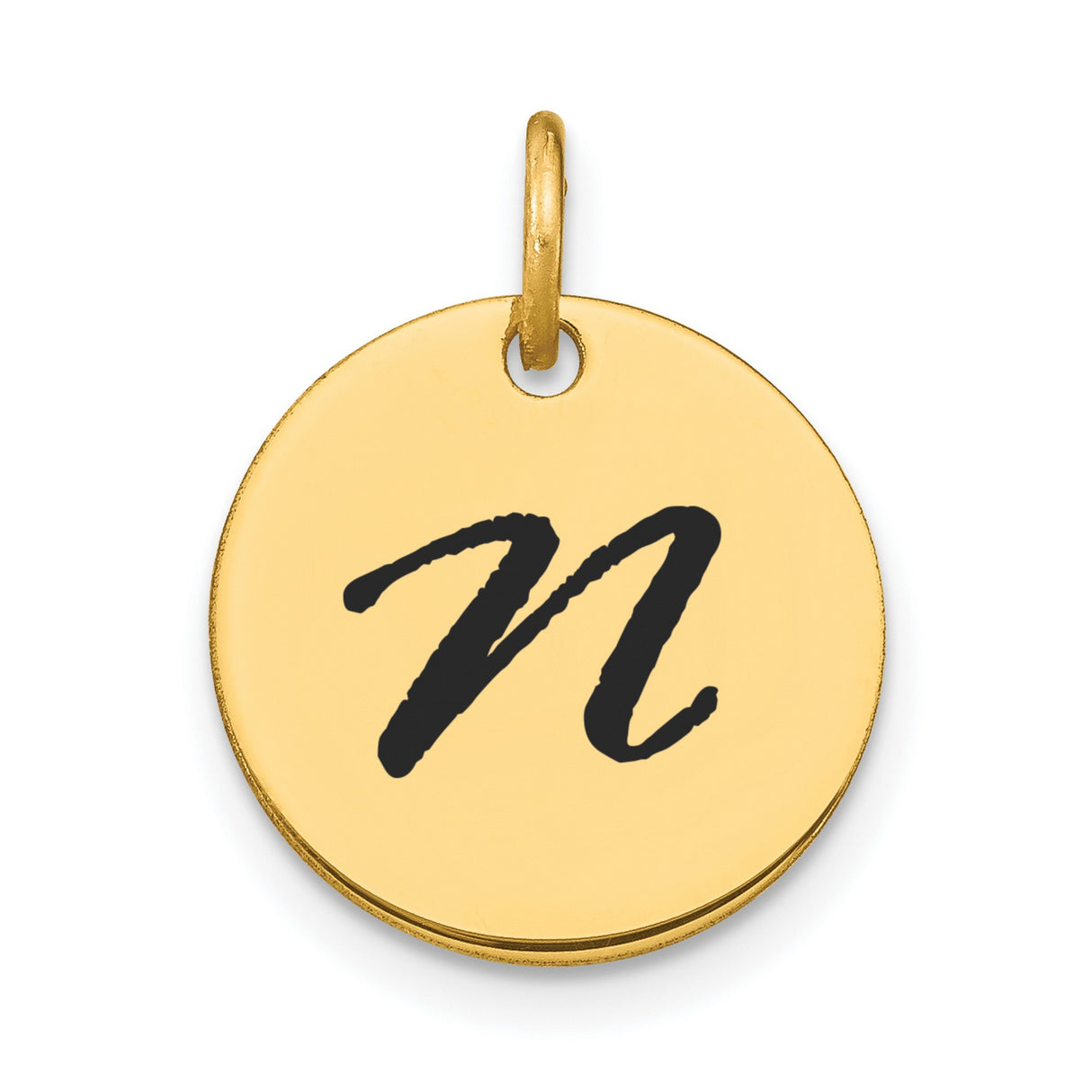 14k Yellow Gold Round Pendant with Bold Script Initial N, Unisex Letter Charm