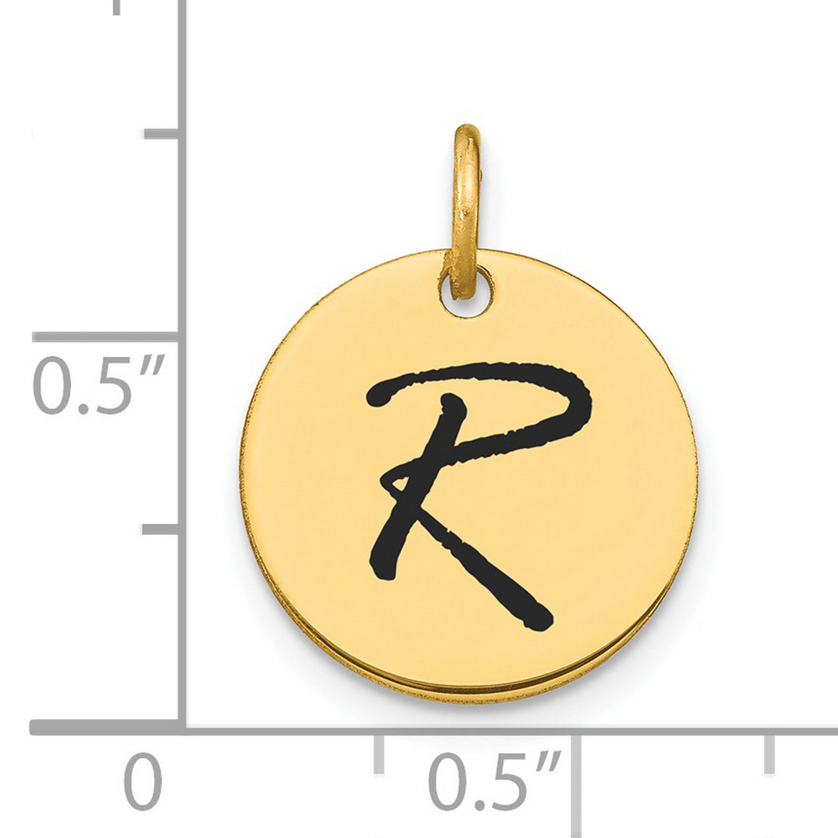 Polished Black Enamel Letter R Initial Disk Charm Pendant in Real 14k Yellow Gold