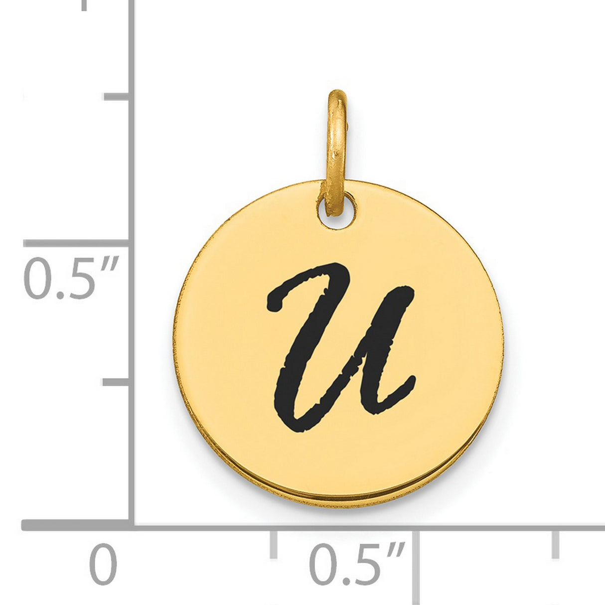 Polished Black Enamel Letter U Initial Disk Charm Pendant in Real 14k Yellow Gold