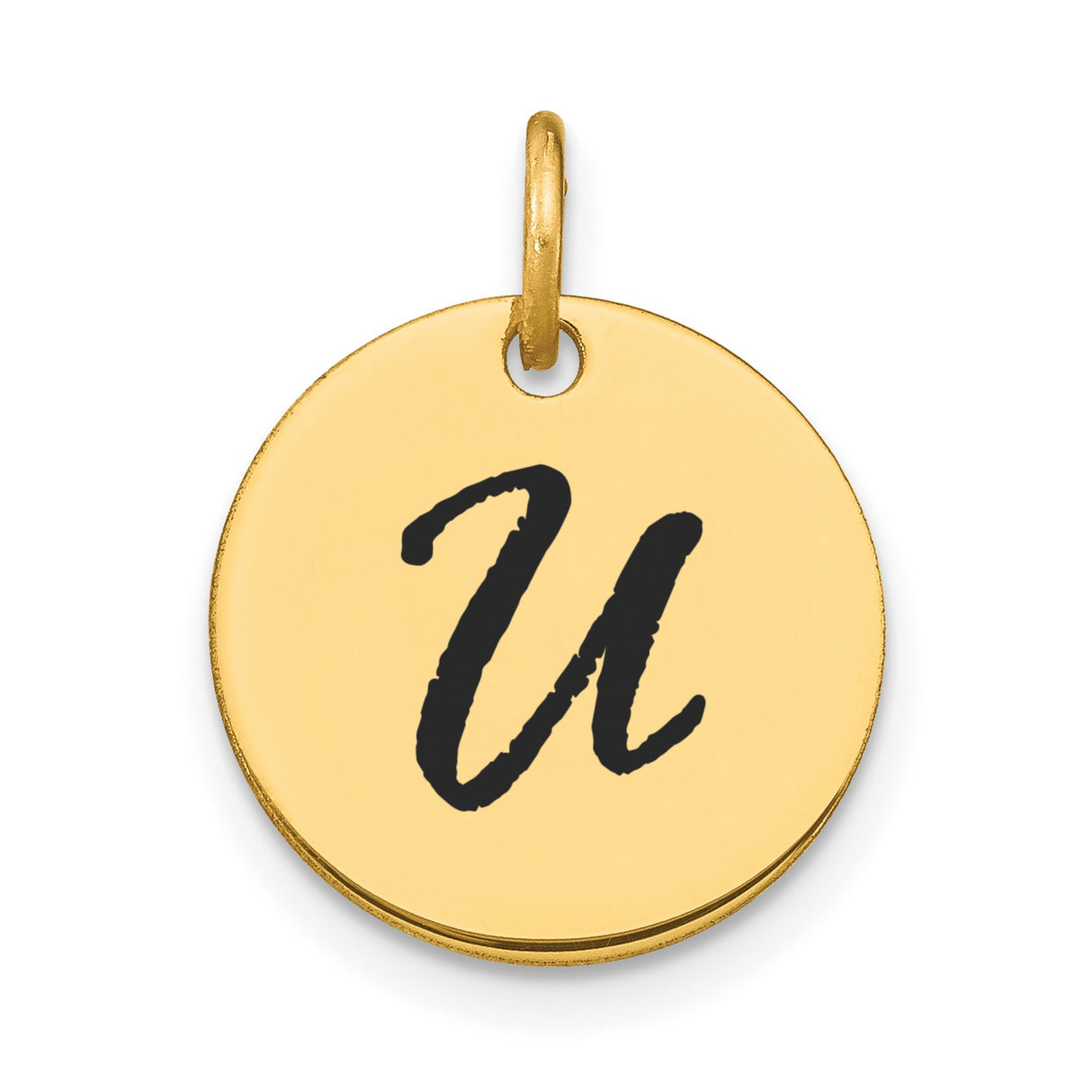 Polished Black Enamel Letter U Initial Disk Charm Pendant in Real 14k Yellow Gold
