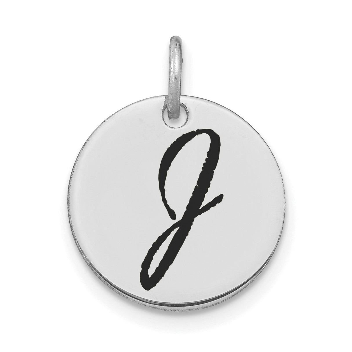 14k White Gold Round Pendant with Black Enamel Script Letter J Monogram Charm