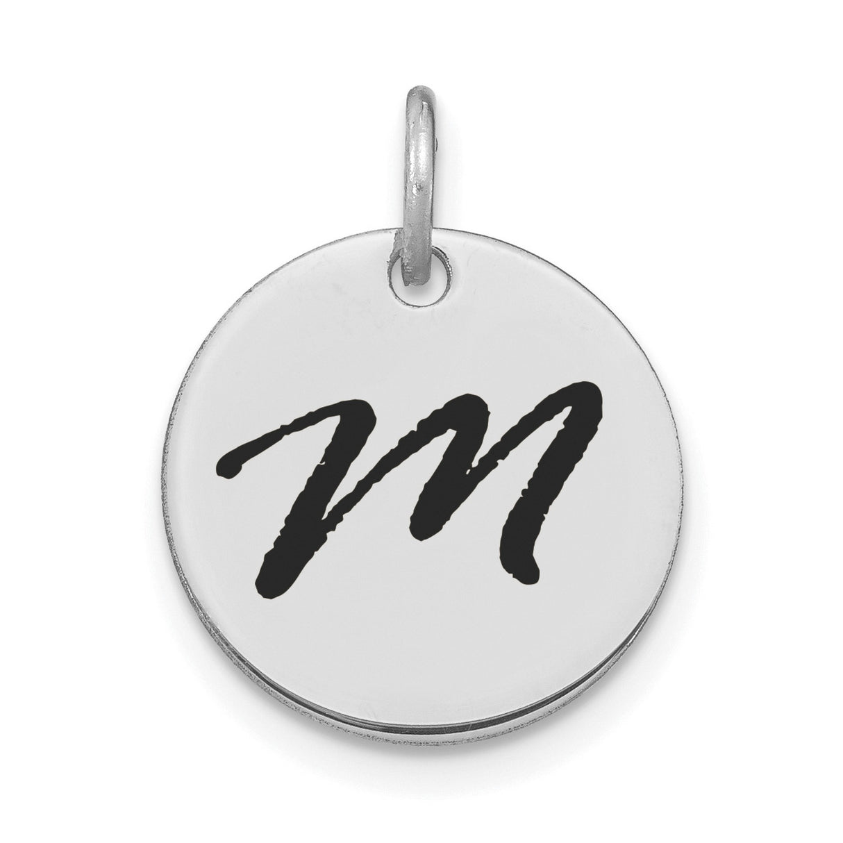 14k White Gold Letter M Pendant Charm, Bold Script Round Disc Monogram for Women or Unisex Wear