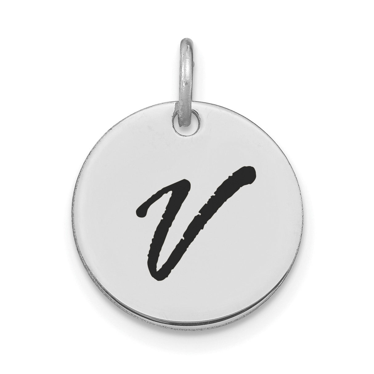 14k White Gold Initial Pendant with Script Letter V, Unisex Monogram Charm