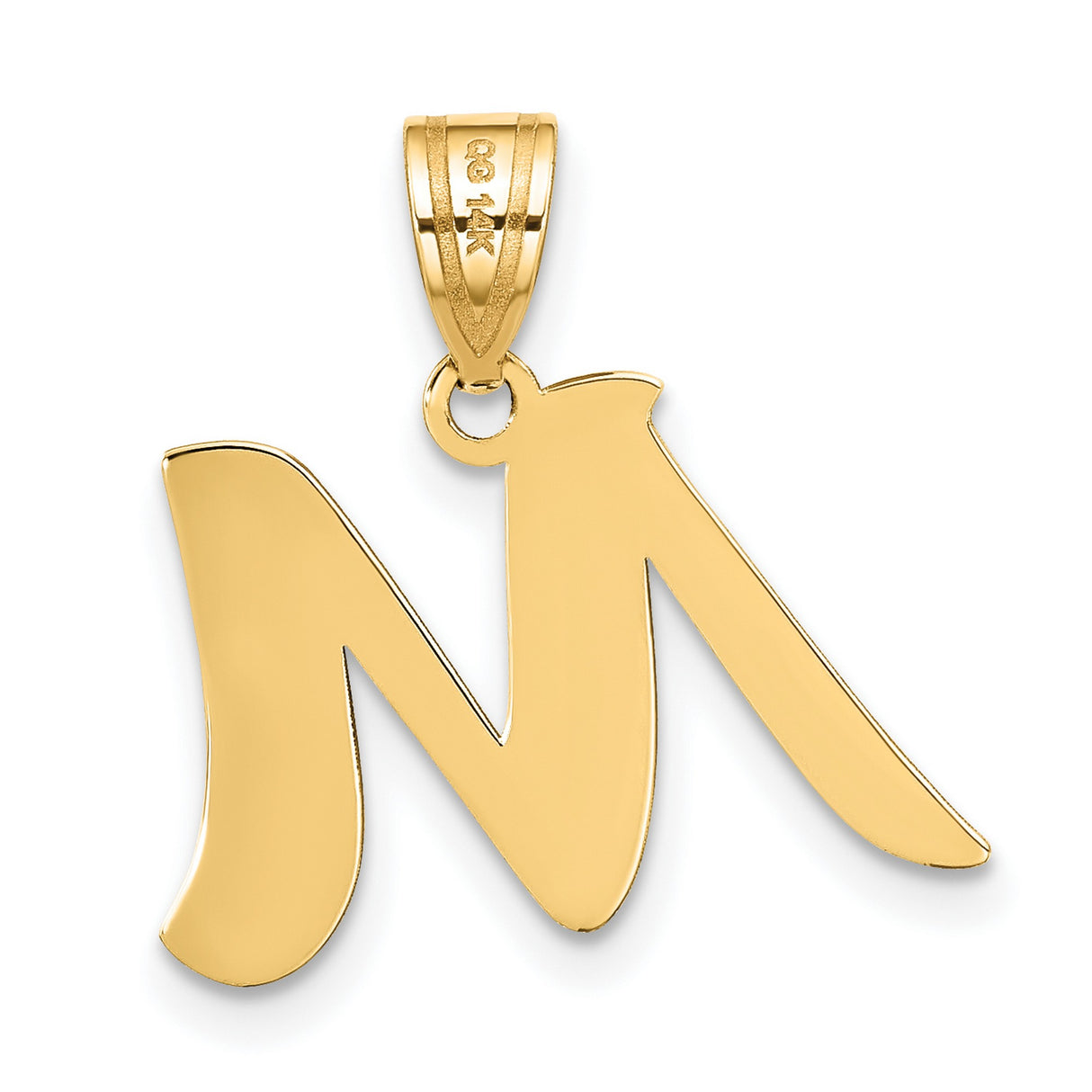 14k Yellow Gold Script Letter M Pendant, Polished Initial Charm, Unisex Monogram Jewelry