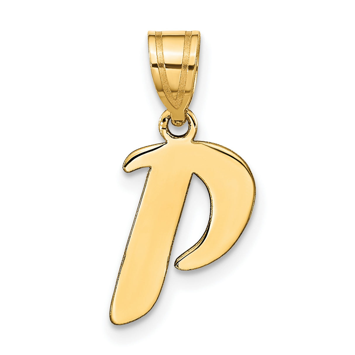 14k Yellow Gold Pendant, Script Letter P Initial Charm in Polished Cursive Style